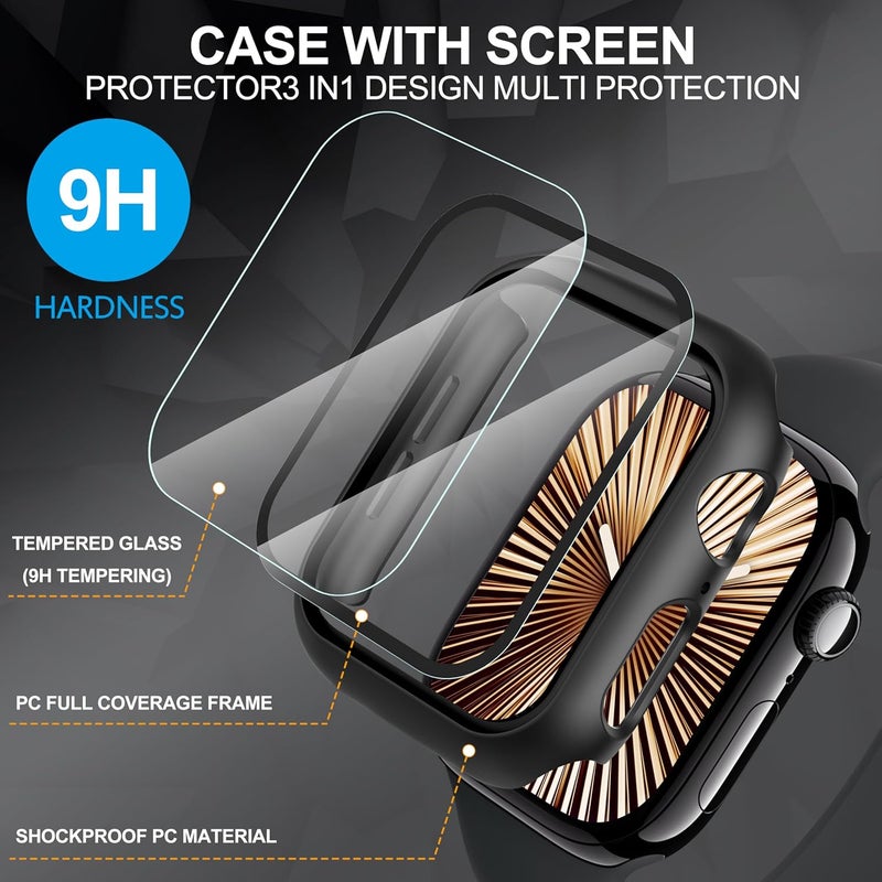 Diruite Suoman 2-Pack for Apple Watch Series 11/10 46mm Case, 9H Tempered Glass Screen Protector, All-Around PC Hard Protection Cover -Black+Black - Image 5